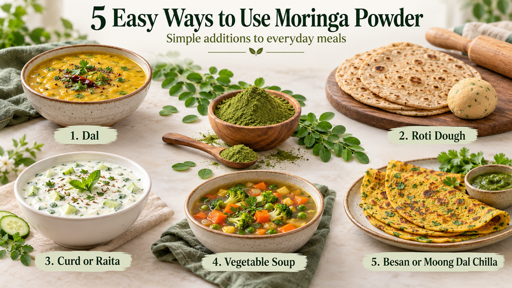 5 Easy Ways to Use Moringa Powder: Simple additions to everyday meals—1. Dal, 2. Roti Dough, 3. Curd or Raita, 4. Vegetable Soup, 5. Besan or Moong Dal Chilla.