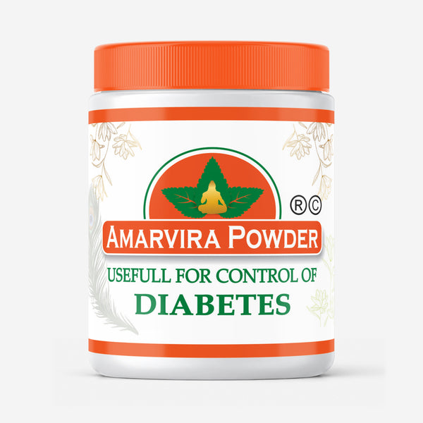 Amarvira Ayurvedic Diabetes Powder bottle with orange cap on a white background