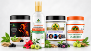 Collection of Amarvira herbal health products including hair oil and wellness powders