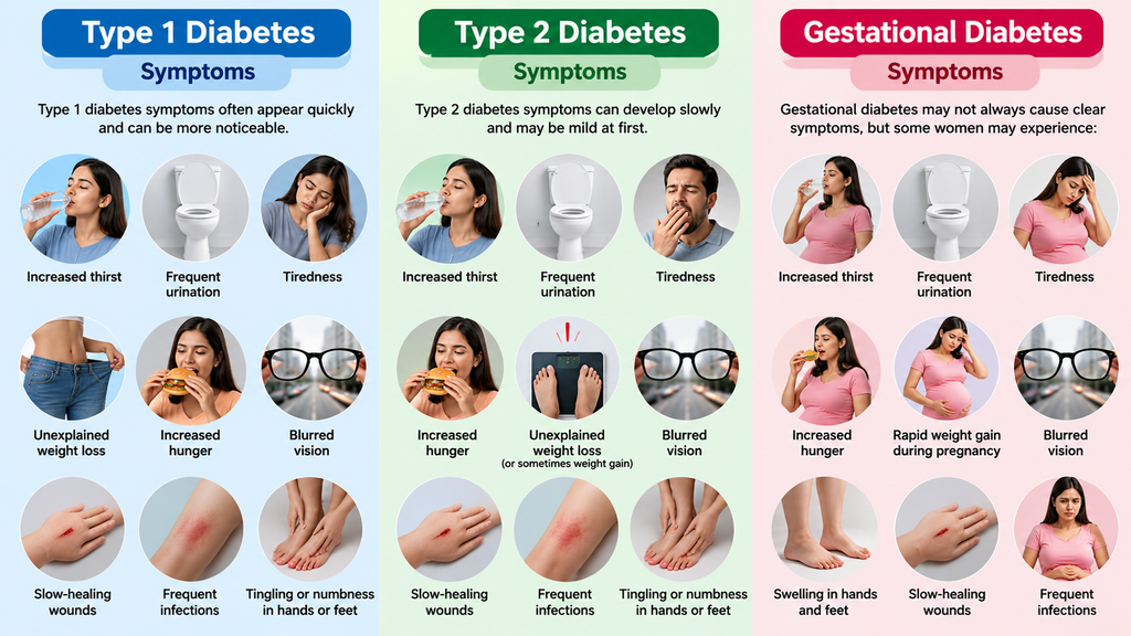 Type 1, Type 2 and gestational diabetes symptoms including thirst, fatigue and blurred vision.