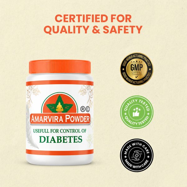 Amarvira Diabetes Powder bottle beside GMP, quality tested and made with care badges
