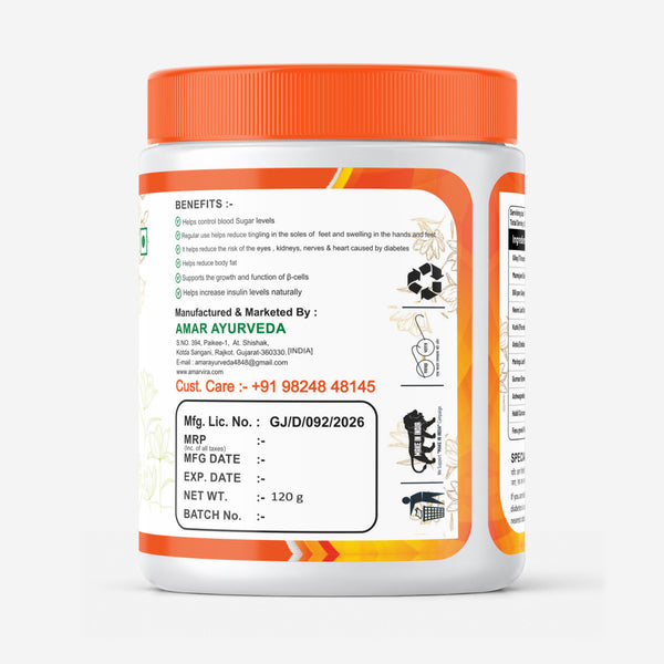 Amarvira Diabetes Powder bottle label with listed benefits, manufacturer details and 120 g weight