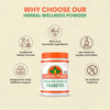 Amarvira Diabetes Powder bottle with icons highlighting herbal ingredients and product features